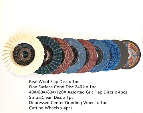 12 פאק - 4 1/2 ערכת גימור מראה מתכתית [גלגלי חתך+גלגל טחינה מרכזי מדוכא+דיסק רצועה+דיסקים שונים של דש חצץ+דיסק משטח